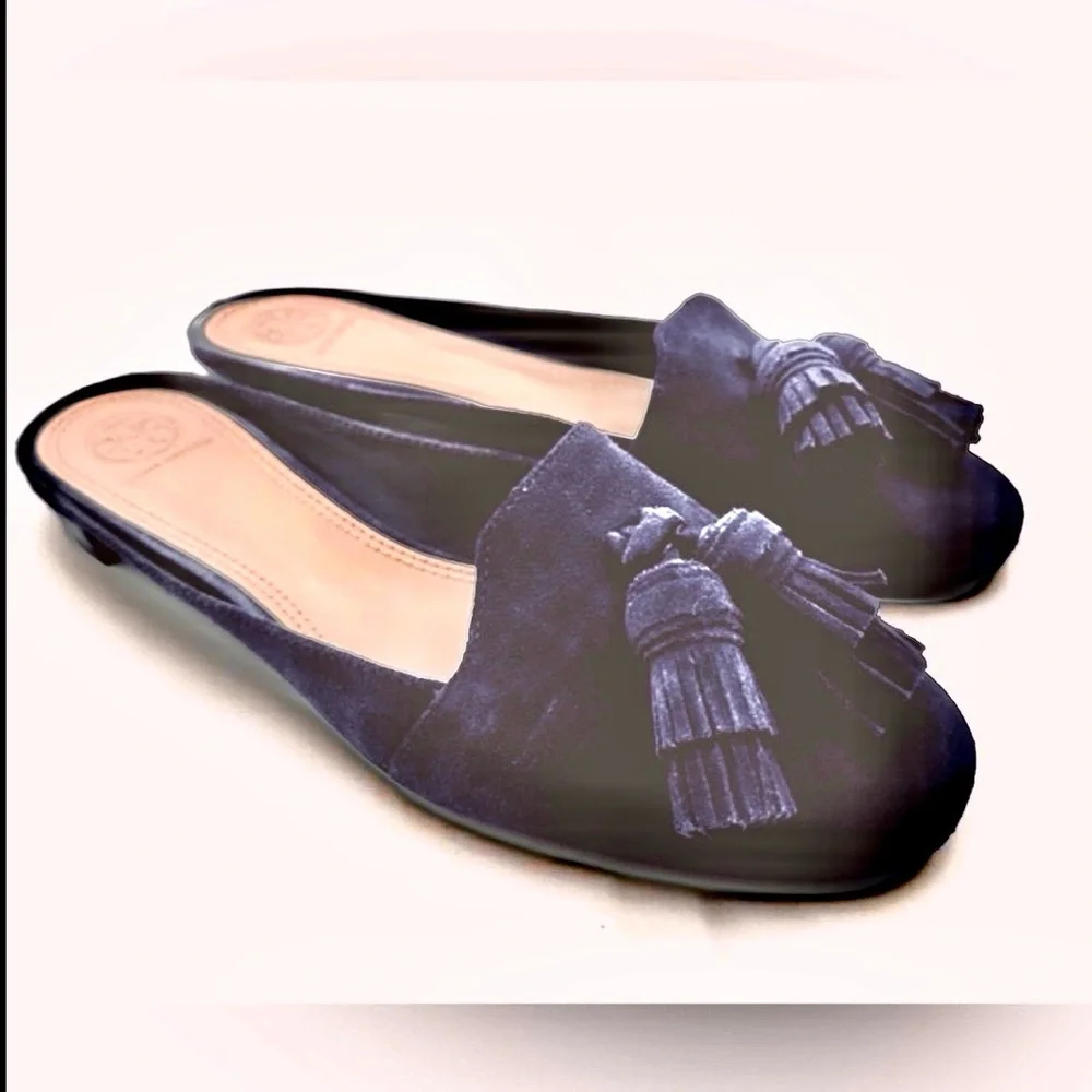 Tory Burch Salinas Tassel Mule Black Suede Slide Size 9
